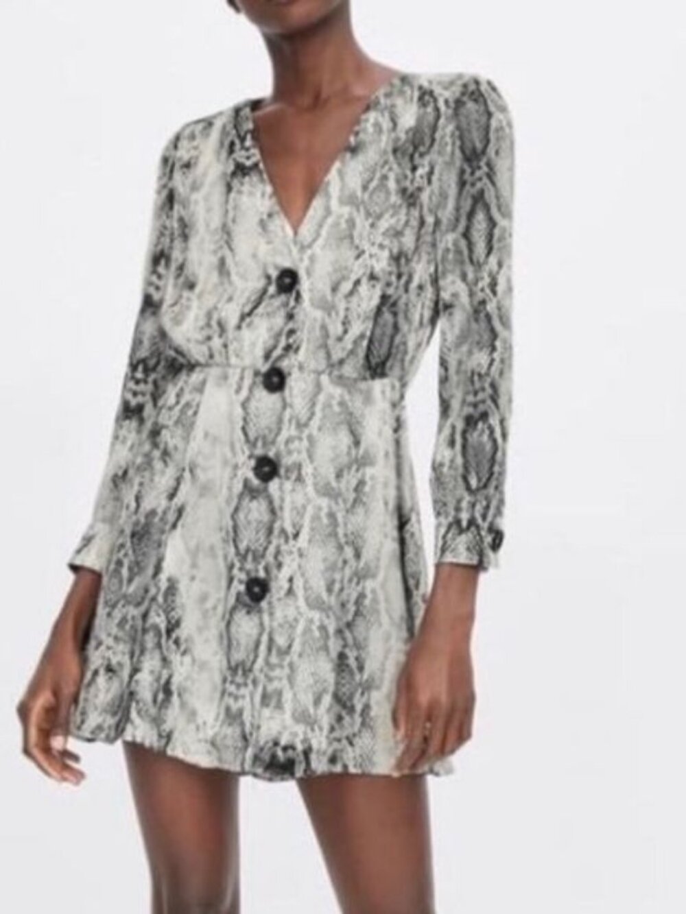 Zara Basic Women's Snake Print Mini Dress XS Long Sleeve Button Down Gray White